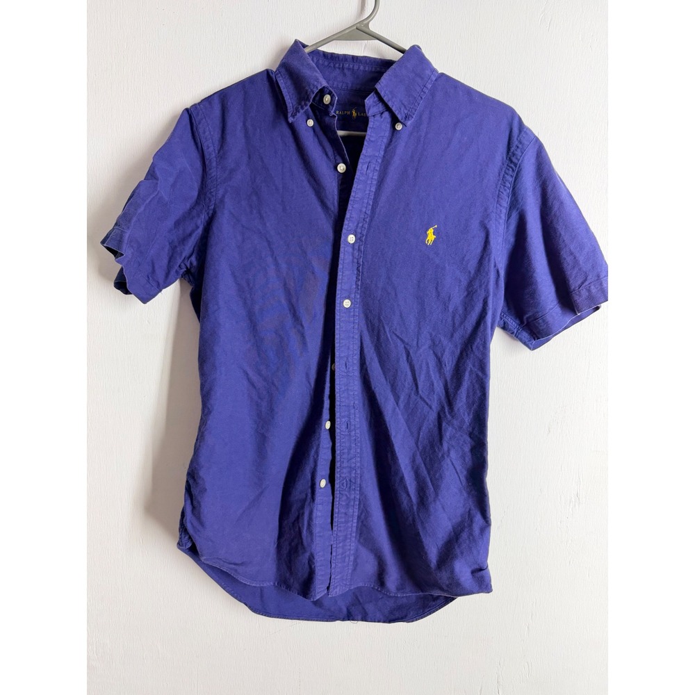Ralph Lauren Mens Purple Cotton Short Sleeve Button Down Shirt Yellow Pony Small